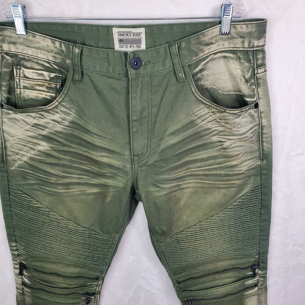 Smoke Rise Jeans Mens Olive Green Moto Biker Zip Accent Stretch Mens Sz 38 x 34 - Picture 2 of 9